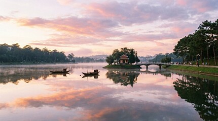 Obraz premium Serene lake scene at sunset with boats and bridge