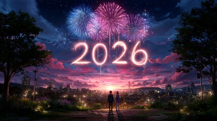 Couple celebrating new year with vibrant fireworks display