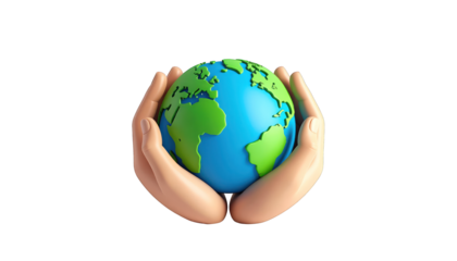 Stylized hands gently cradle a vibrant blue and green globe on a black background
