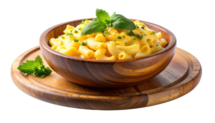 Creamy macaroni and cheese in a wooden bowl with herbs on a wooden platter