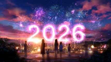 People celebrating new year with fireworks and bright 2026 display