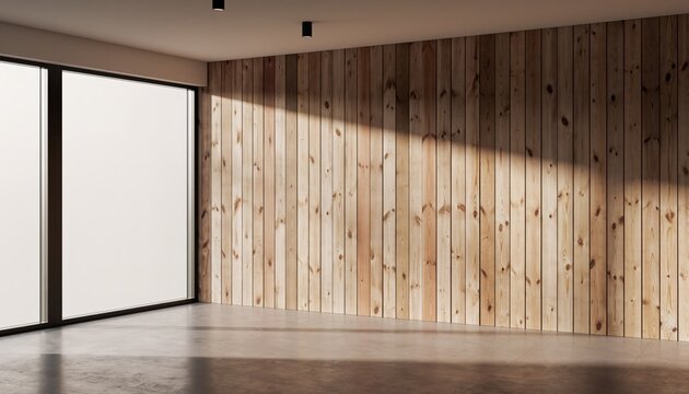 Modern empty room interior with wood panel wall concrete floor and large panoramic window illuminated by sunlight
