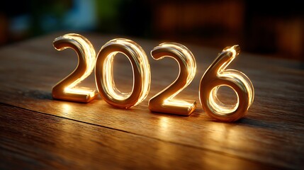 Shiny gold numbers 2026 on wooden table for business planning
