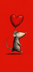 Obraz premium Cute gray rat carrying red heart running. Cartoon gray rat running with a large red heart on a solid red background
