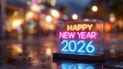 Happy New Year 2026 neon sign on rainy city street at night