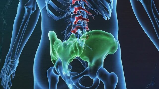 Animated Medical Scan of Human Skeleton and Spine with Green Pelvis and Red Vertebrae on a Blue Grid Background