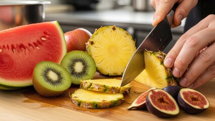 Hands cutting fresh pineapple slices on a wooden board with kiwi watermelon and figs