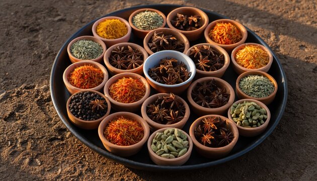 Aromatic assortment of colorful whole spices displayed in small terracotta bowls on a dark tray featuring star anise saffron cardamom and black pepper.
