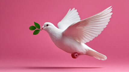 Obraz premium White dove with olive branch on pink background.