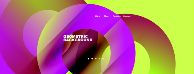 Fototapeta premium Abstract design features vibrant overlapping circles. Text displays Geometric Background with navigation options above. Modern, colorful presentation.