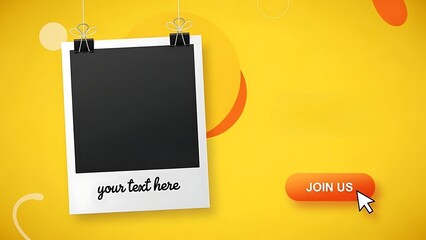 A vibrant yellow background with playful orange and white circles features a Polaroid photo frame with customizable text and a red button inviting user interaction.
