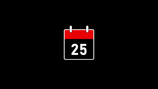 The calendar flips looped animation on black background with alpha channel. Calendar icon with number 25 text. Scheduling, Schedule planner deadline clip symbol.