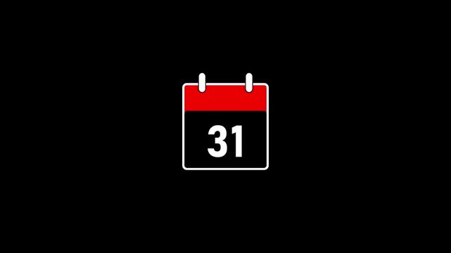 The calendar flips looped animation on black background with alpha channel. Calendar icon with number 31 text. Scheduling, Schedule planner deadline clip symbol.