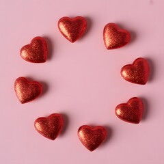 Obraz premium a flat lay showcasing seven vibrant red heart shaped chocolates arranged on a soft pastel pink background evoking feelings of love and affection high quality professional