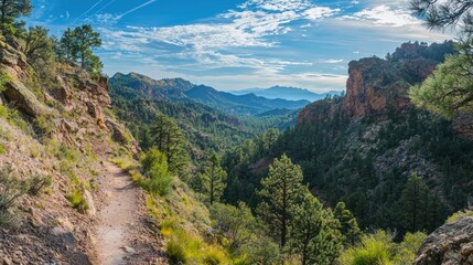 A hiking trail winding through a mountainous terrain, surrounded by rugged cliffs and pine forests.