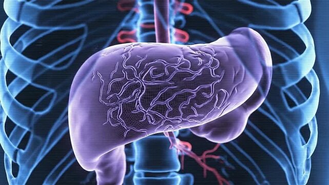Animated Transparent Human Body with Visible Skeleton Lungs and Liver On Dark Blue Background For Medical Animation