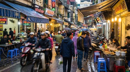 Fototapeta premium Vibrant street food market on a rainy day in a bustling Asian city at night
