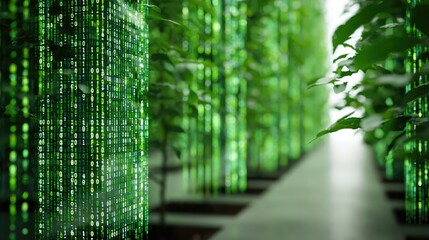 Futuristic Urban Vertical Farming Concept with Digital Code Overlay in Lush Green Environment