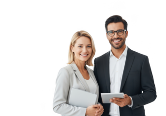 Smiling business colleagues holding tablet and folder isolated on transparent background