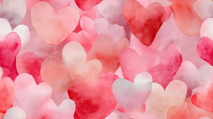 Seamless watercolor heart pattern for Valentine's Day love. Watercolor hearts creating a seamless pattern in shades of pink and red on a white background