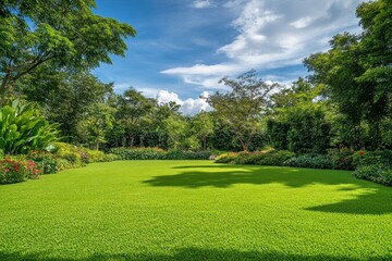 A lush garden with vibrant green grass, blooming flowers, and towering trees under a clear blue sky with fluffy white clouds.