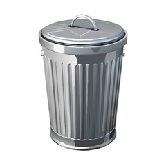 Isolated 3d illustration of an empty metal trash can or steel rubbish bin symbol for waste and recycling, featuring a clean vector icon design on a white background for junk and garbage disposal