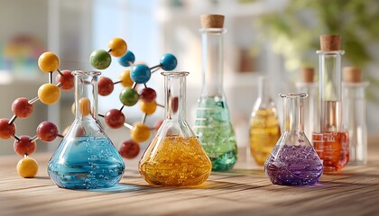 STEM chemistry set for kids with colorful flasks and molecular models on table