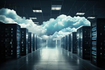 Server racks with cloud computing technology processing and storing data in a modern data center