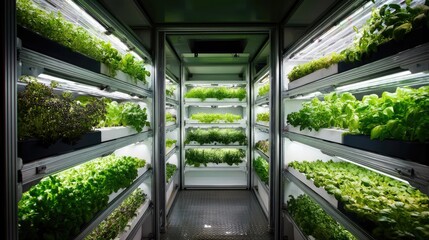 Indoor Vertical Farm with Fresh Green Lettuce and Leafy Greens in Lighted Shelves