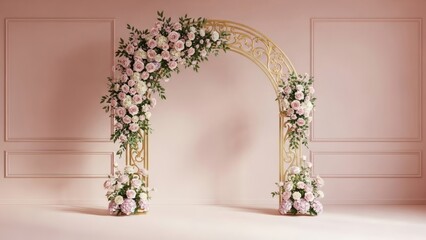 Elegant Pink Wedding Studio Background with Ornate Gold Arch and Lush Rose Floral Decor