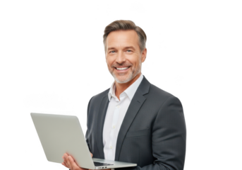 Smiling businessman holding a laptop isolated on transparent background