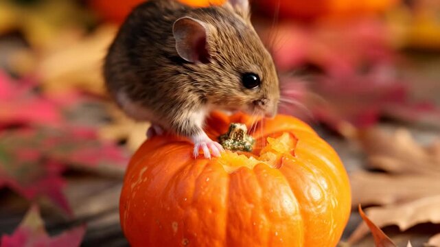 Ultra slow motion macro close-up of a small harvest mouse delicately nibbling the skin of a miniature orange decorative pumpkin feeding, tiny, adorable