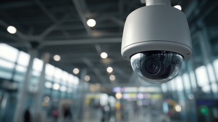 Medium shot of surveillance camera rotating to monitor activity in airport terminal with advanced tracking features