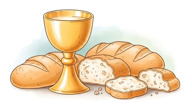 Golden communion chalice and fresh baked bread in simple illustration. Symbol of eucharist and christian communion for religious design or education.