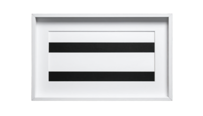 Framed abstract art featuring two black horizontal stripes on a white background