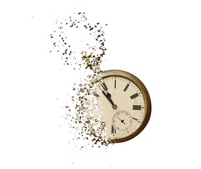Vintage clock disintegrating into small pieces isolated on transparent background
