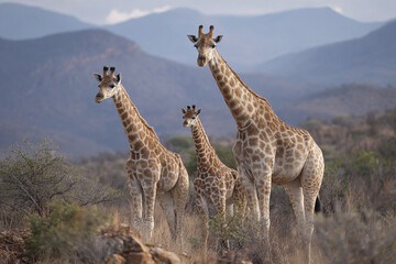 Obraz premium Giraffe family standing calmly in dry grassland with mountain background during daylight, showcasing tall animals in natural wildlife reserve environment