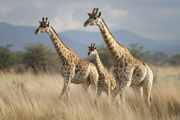 Obraz premium Giraffe family walking calmly through tall dry grass in wildlife reserve with mountains in background under cloudy sky
