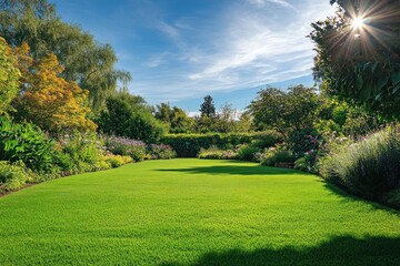 A lush garden with vibrant green grass, blooming flowers, and towering trees under a clear blue sky. The sun shines brightly, casting a warm glow on the scene.