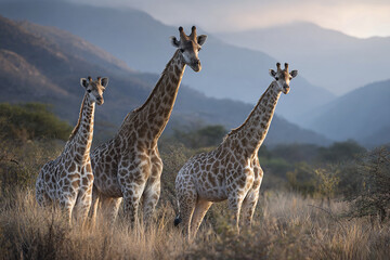 Obraz premium Three giraffes standing in dry grassland with mountain range in background during soft natural light, showcasing wildlife beauty and serene nature atmosphere