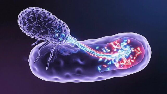 Bacteriophage Attacking Bacteria Cell in Detailed 3D Animation Isolated on Dark Violet Background for Scientific and