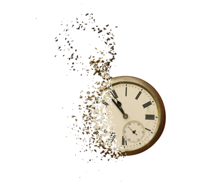 Vintage clock disintegrating into small pieces isolated on transparent background - Powered by Adobe