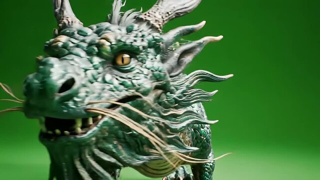 Captivating close-up of an intricately detailed emerald green chinese dragon sculpture, embodying mythical power and ancient lore against a vibrant background