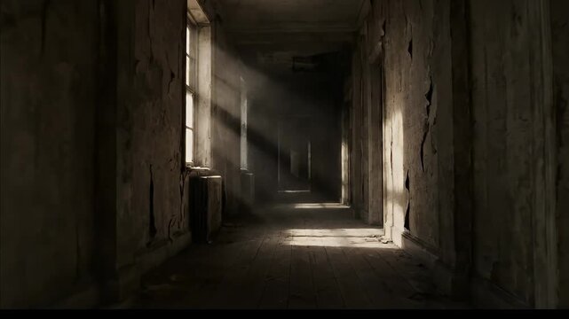 Inside the desolate, crumbling building, shafts of sunlight illuminate a long, dust-filled corridor, creating a profoundly haunted and eerie atmosphere
