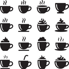 A collection of hot chocolate mug silhouette icon set. simple design black color and white background.