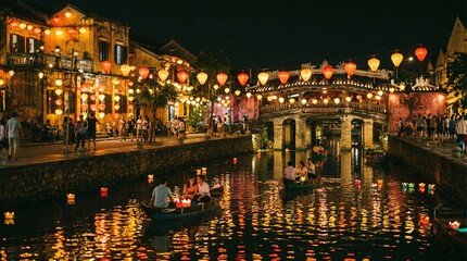 Romantic evening in Hoi An with lanterns and boats on the canal