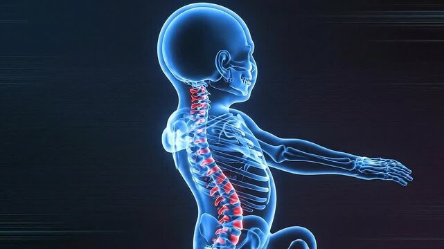 Blue Hologram Baby Spine Scan Animation For Medical Research And Educational Purposes On Dark Background