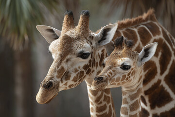 Fototapeta premium Giraffe mother and baby close up portrait showing natural bond and gentle expression in wildlife environment with soft background and detailed fur texture