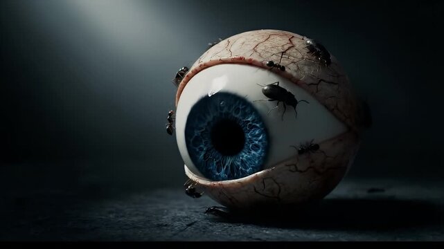 A chillingly realistic and unsettling close-up of a lone, detached eyeball, swarming with tiny insects, creating a truly scary and disturbing visual that evokes macabre horror and vulnerability