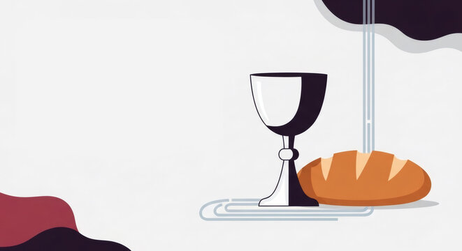 Illustration of eucharist elements as bread and chalice. Holy communion sacrament for religious church service and Christian celebration.